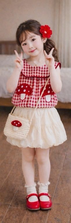 Bé gái mặc áo kẻ đỏ hoạ tiết nấm và váy bồng kem
